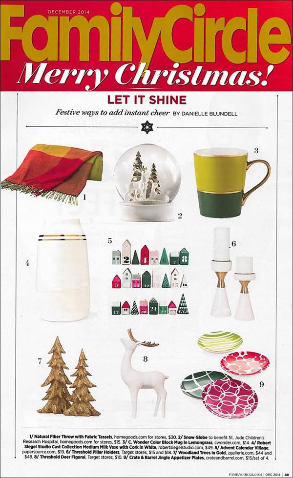 Family Circle Magazine – Robert Siegel’s Gold Banded Milk Vase a “Festive [way] to add instant cheer” this holiday season